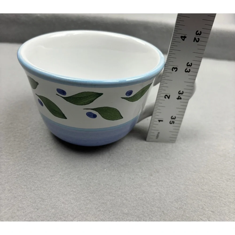 Williams Sonoma Italy Blue Olive Branch Teacups & Saucers Set of 2 Vintage